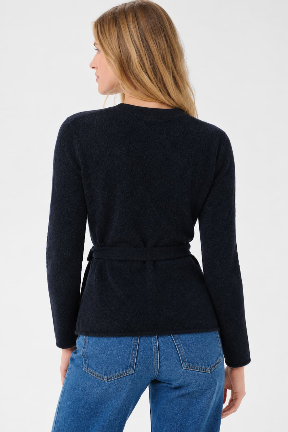 Front view of the women's soft knit tie-front wrap cardigan Dumitra Part Two