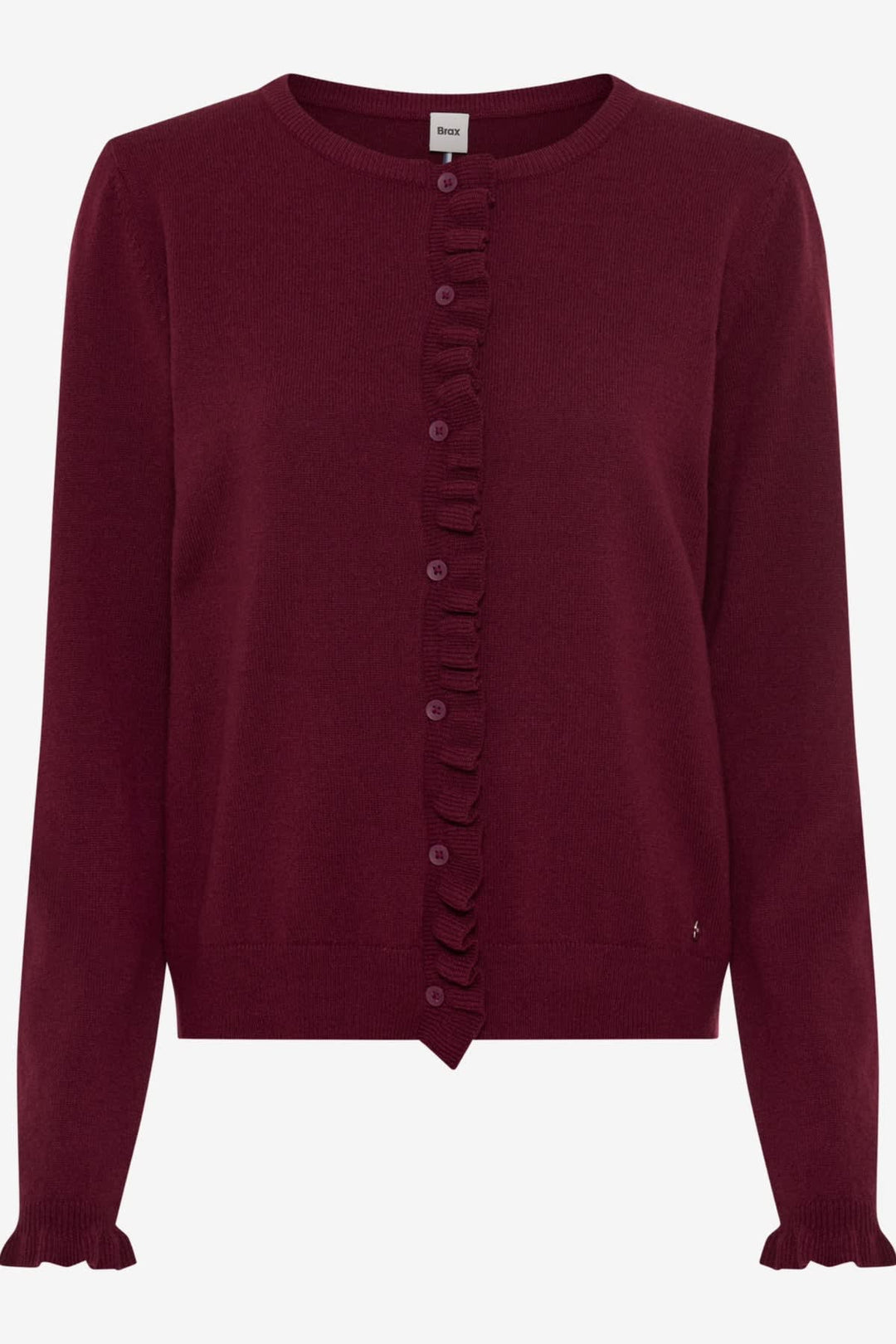 Cardigan en laine mérinos et cachemire à volants vue de face pour femme Brax