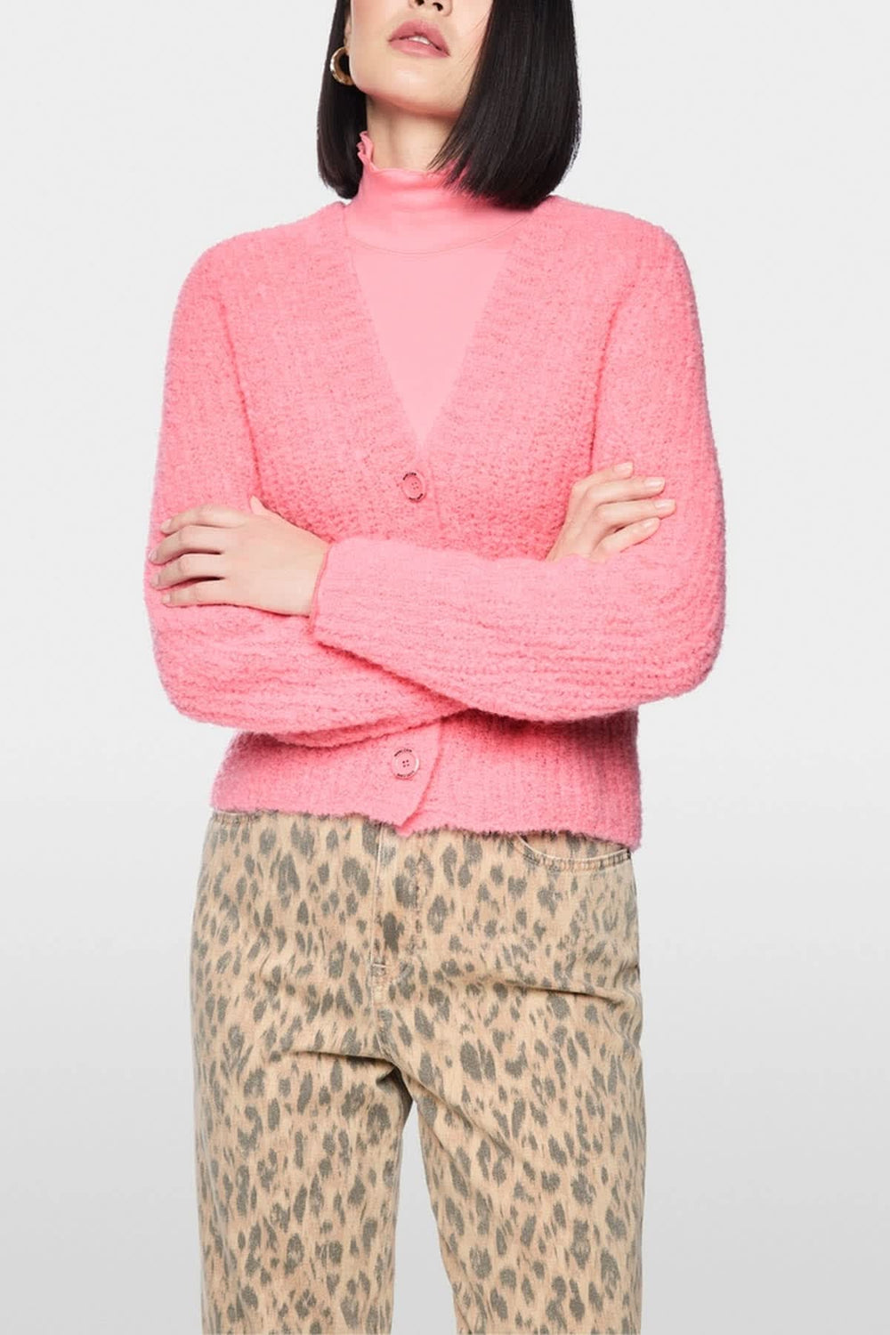 Women's textured knit V-neck cardigan, front view by Marc Cain