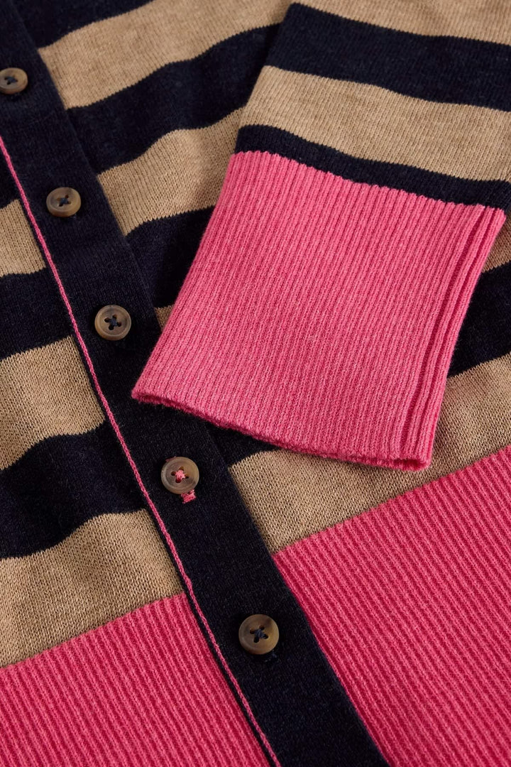 Vue de côté cardigan rayé blanc et bleu à détails contrastants pour femme - Valérie Simon