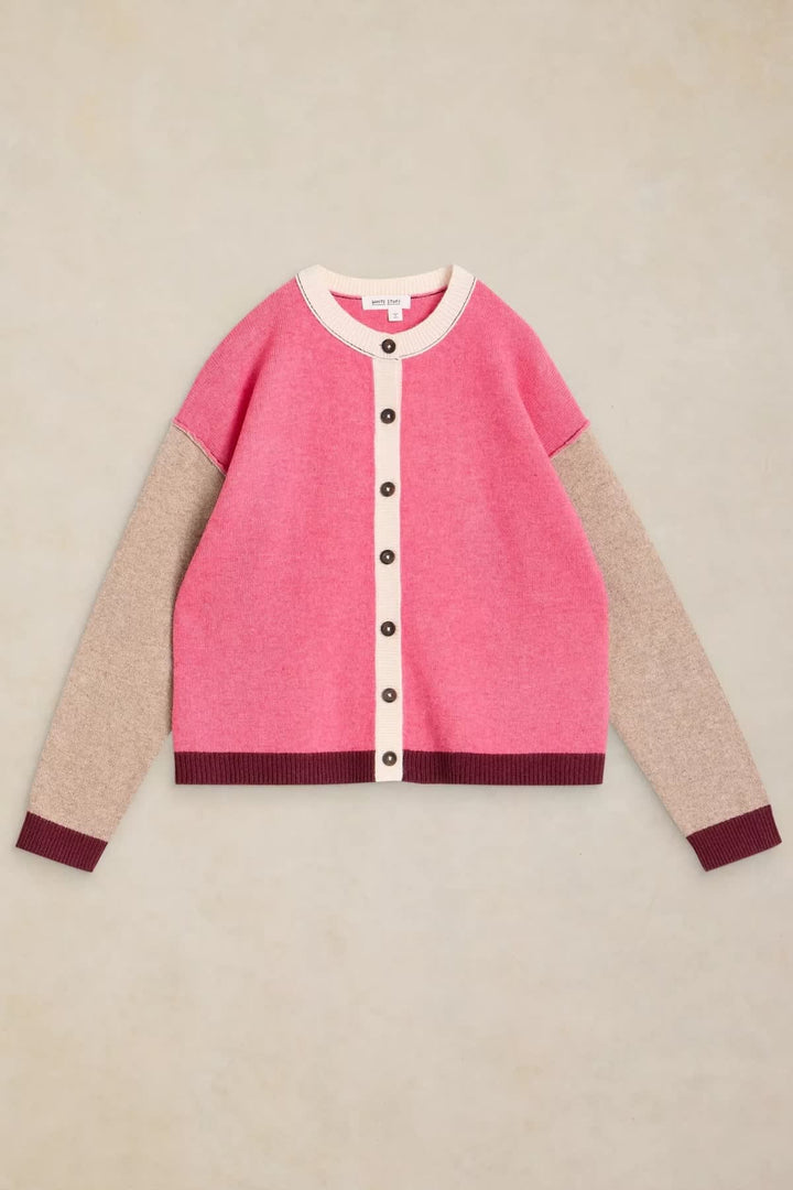 Vue avant cardigan color block White Stuff pour femme, boutons visibles, nuances vives - Valérie Simon