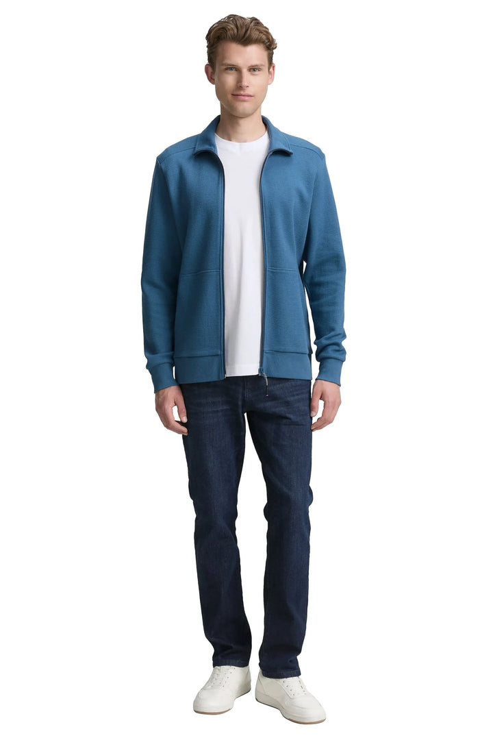 Vue de face cardigan texturé zippé Tom Tailor pour homme gris clair détail côtelé - Valérie Simon