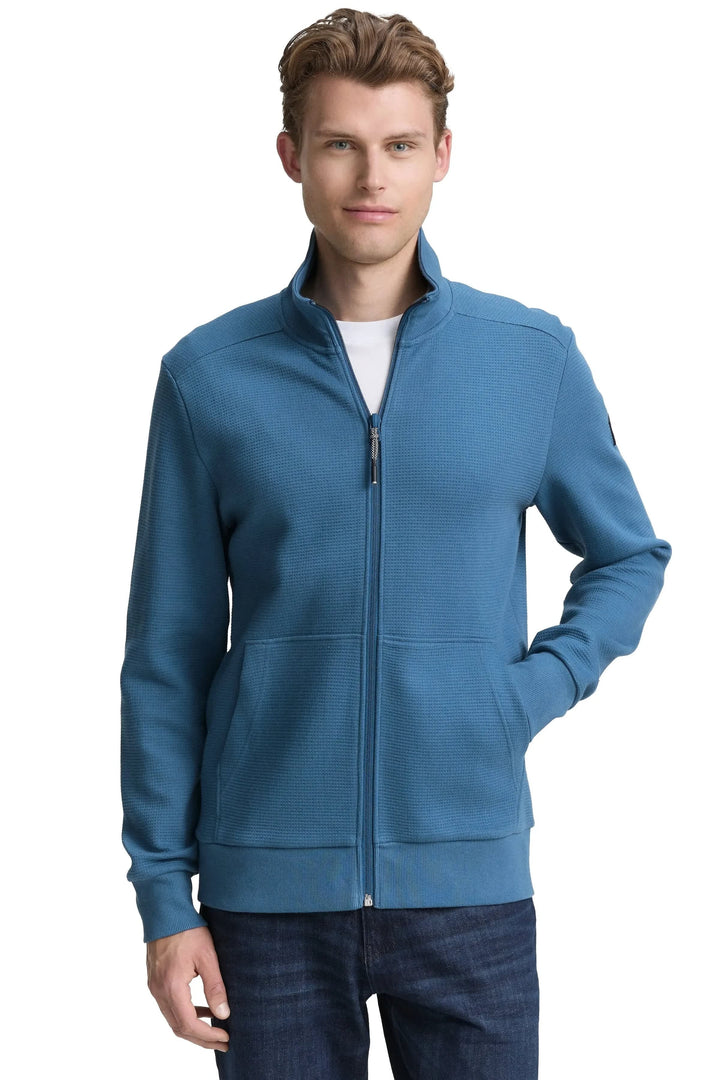 Vue de face cardigan texturé à fermeture éclair Tom Tailor pour homme gris avec détails côtelés - Valérie Simon