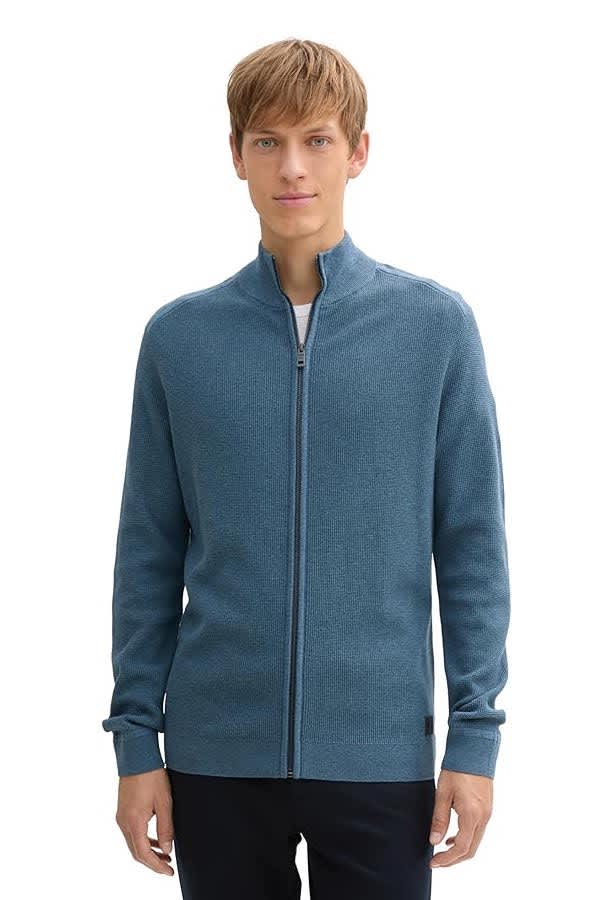 Vue latérale cardigan zippé Tom Tailor pour homme gris avec détails maille - Valérie Simon