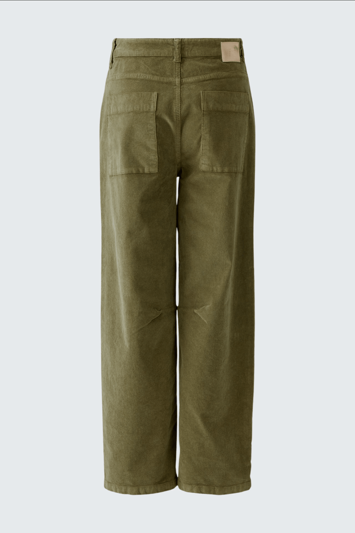 Pantalon large en coton olive avec poches plaquées, coupe décontractée et taille mi-haute, vue arrière.