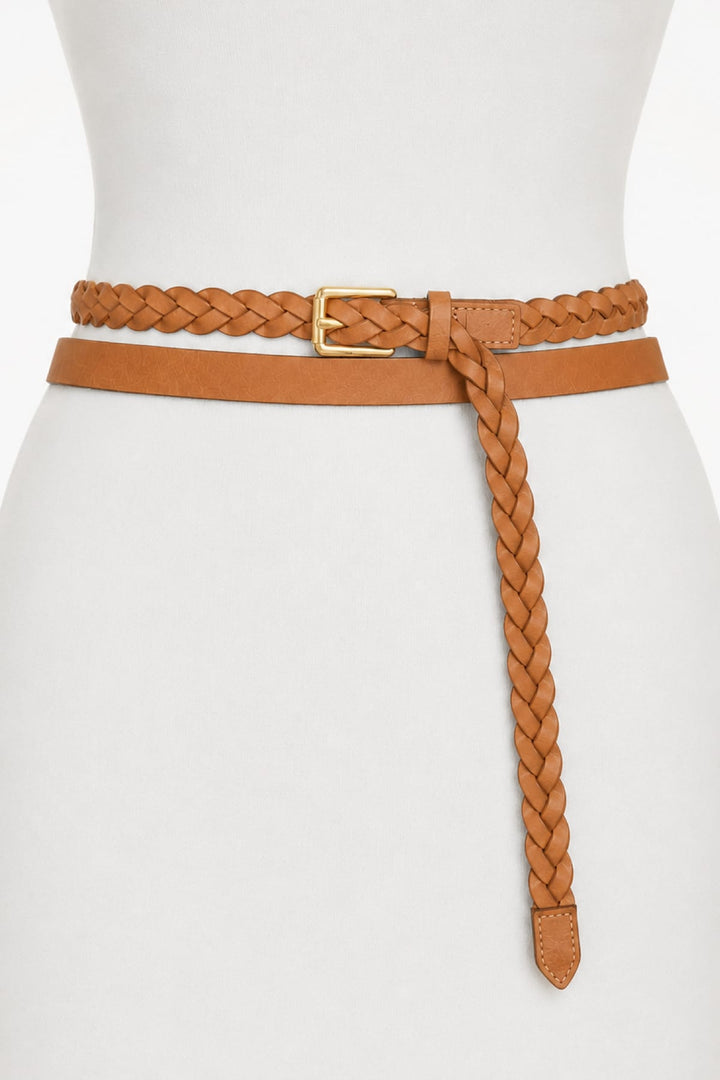 Side view of the Brave Leather thin beige braided belt for women - Valérie Simon