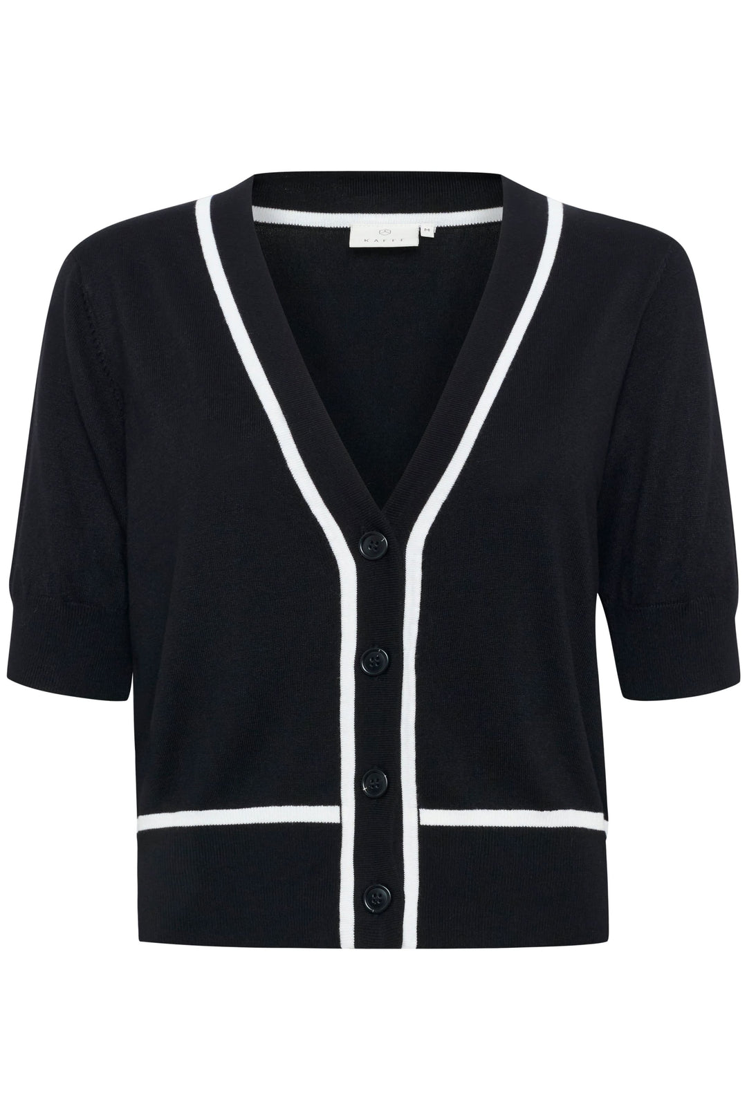 Cardigan Lizza noir à manches courtes, encolure V, boutons avant, finitions contrastantes.