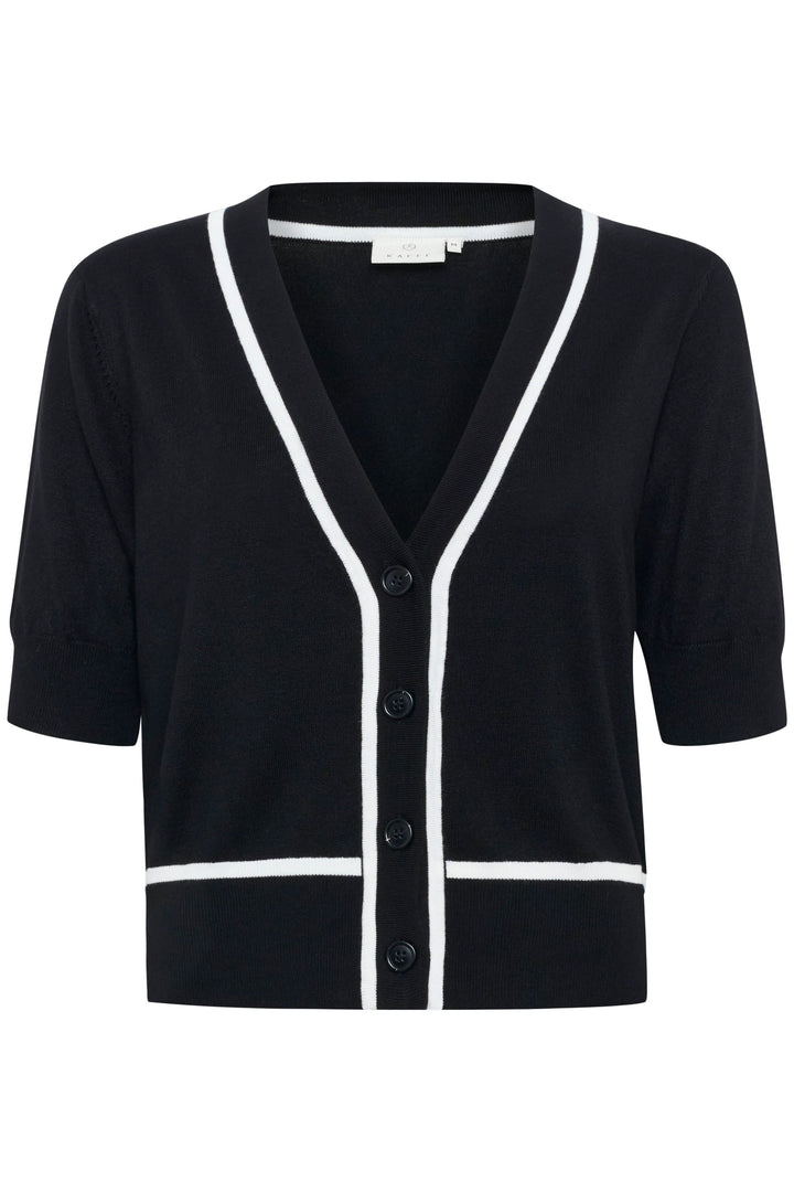 Cardigan Lizza noir à manches courtes, encolure V, boutons avant, finitions contrastantes.