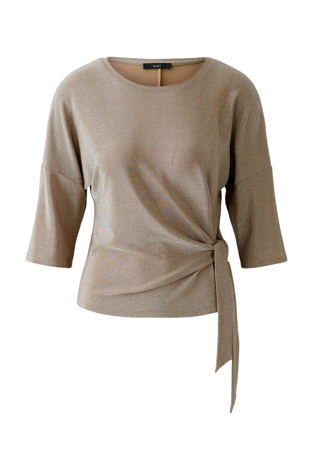 Blouse élégante beige avec taille nouée, 93869, décris moi le produit en français, manches trois-quarts