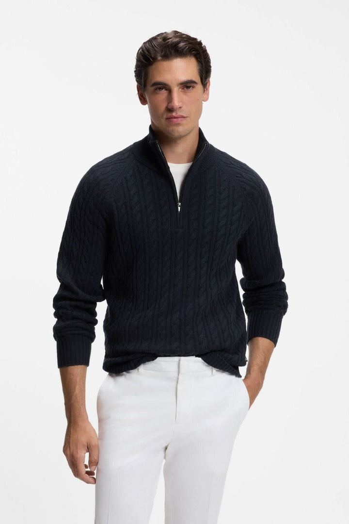 Chandail à demi-zip en tricot torsadé vue de face Hugo Boss