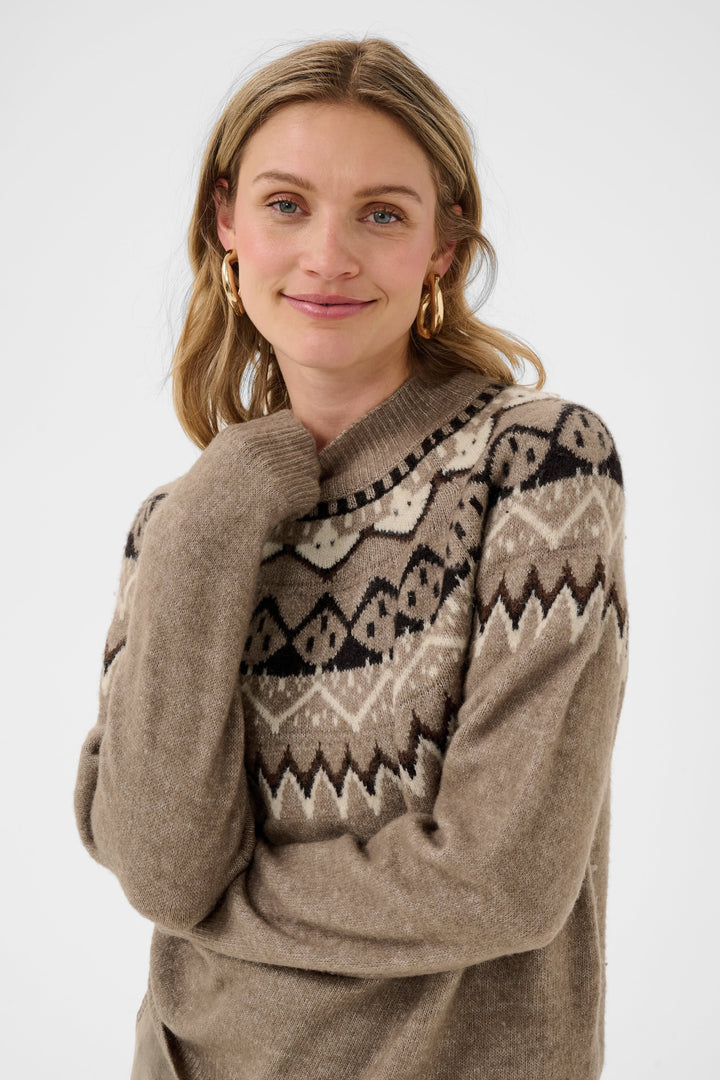 Vue de face chandail jacquard motif nordique femmes beige blanc - Valérie Simon