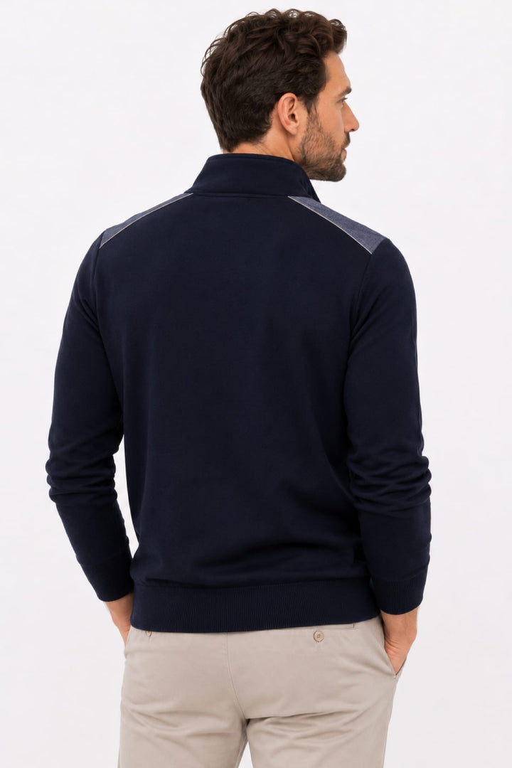 Vue de face chandail demi-zip en tricot Paul and Shark bleu marine pour homme avec logo - Valérie Simon