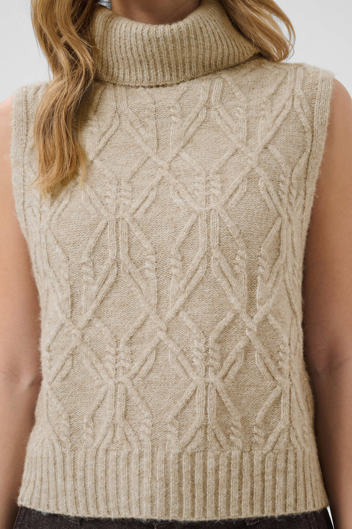 Vue de face chandail ajouré torsadé beige sans manches femme Cream - Valérie Simon