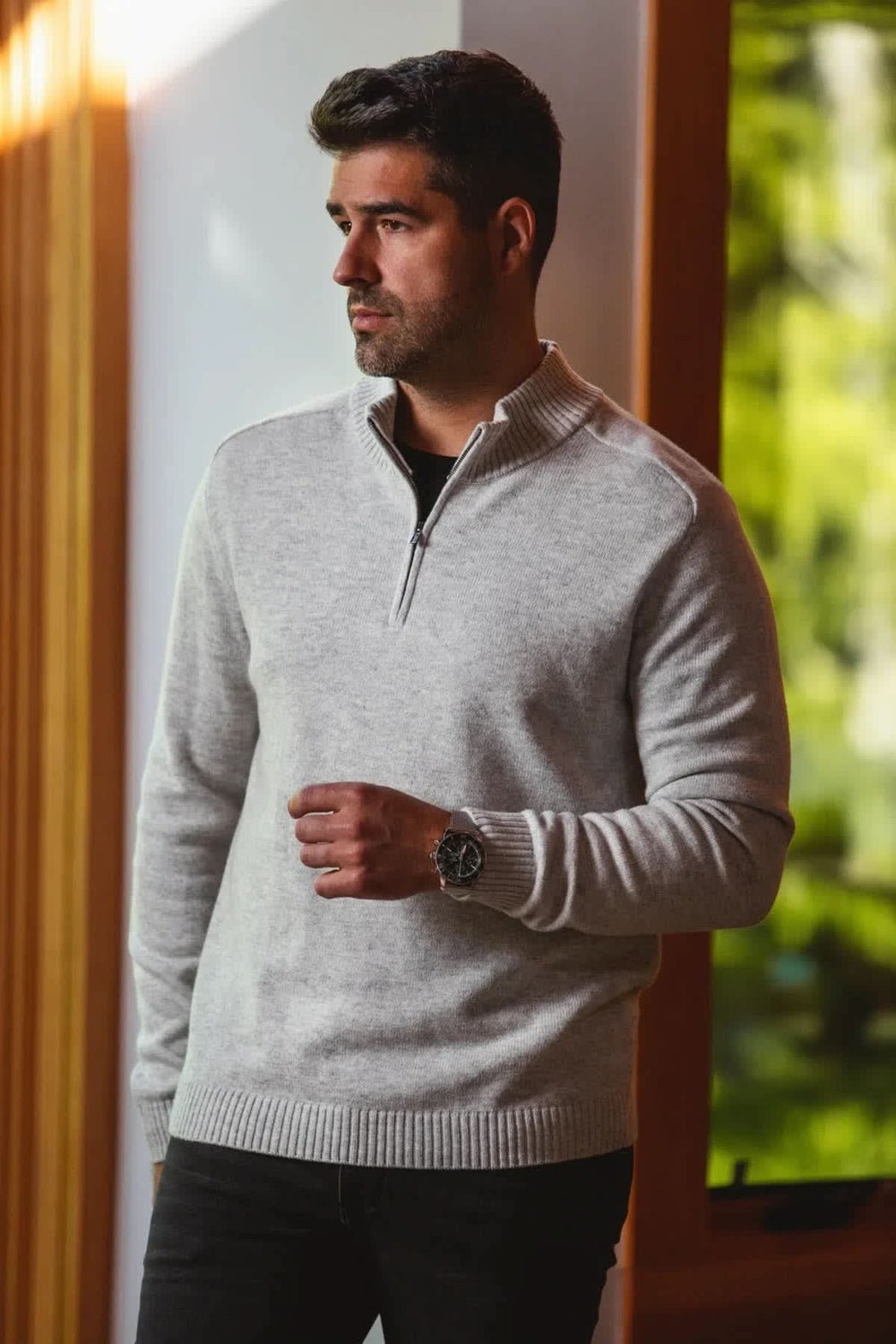Chandail en laine mérinos à demi-fermeture éclair pour homme Au noir