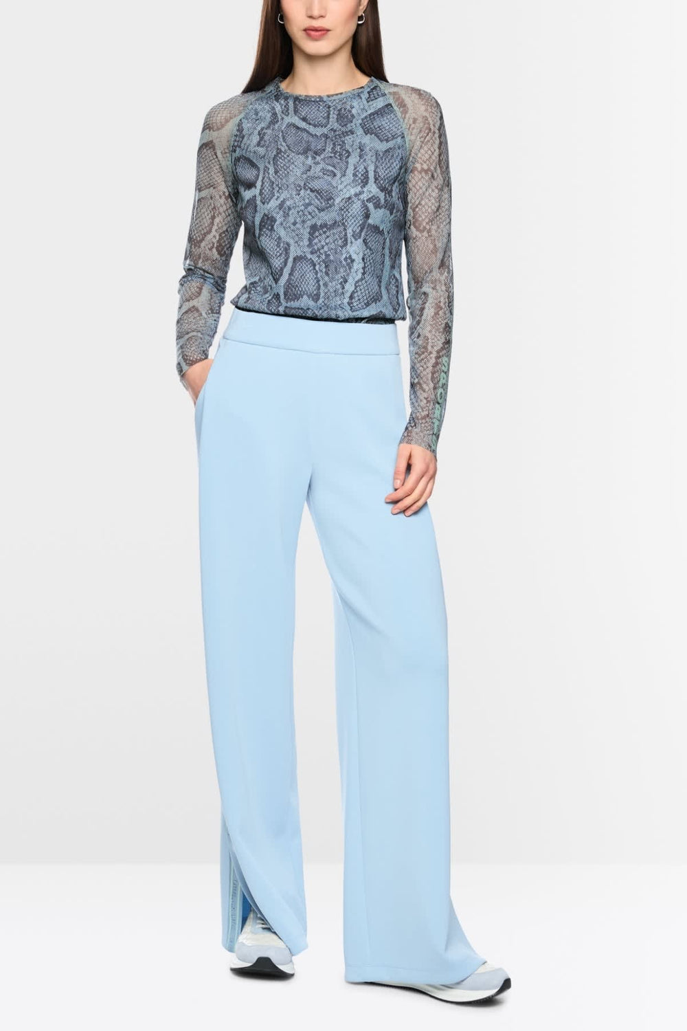 Front view of a gray Marc Cain women's knit sweater with a cable-knit pattern - Valérie Simon