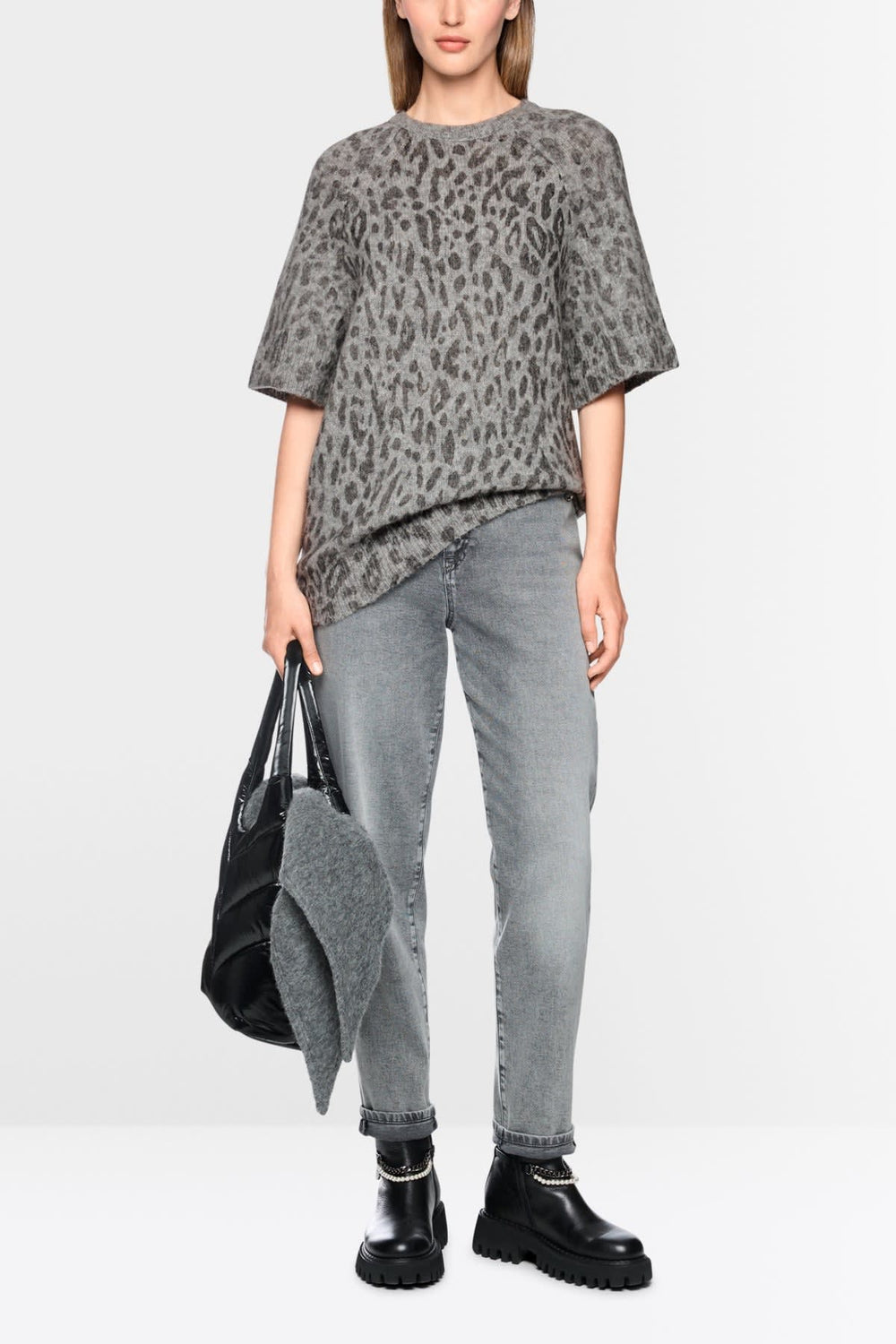 Women's long beige and brown leopard-print sweater, front view, by Marc Cain