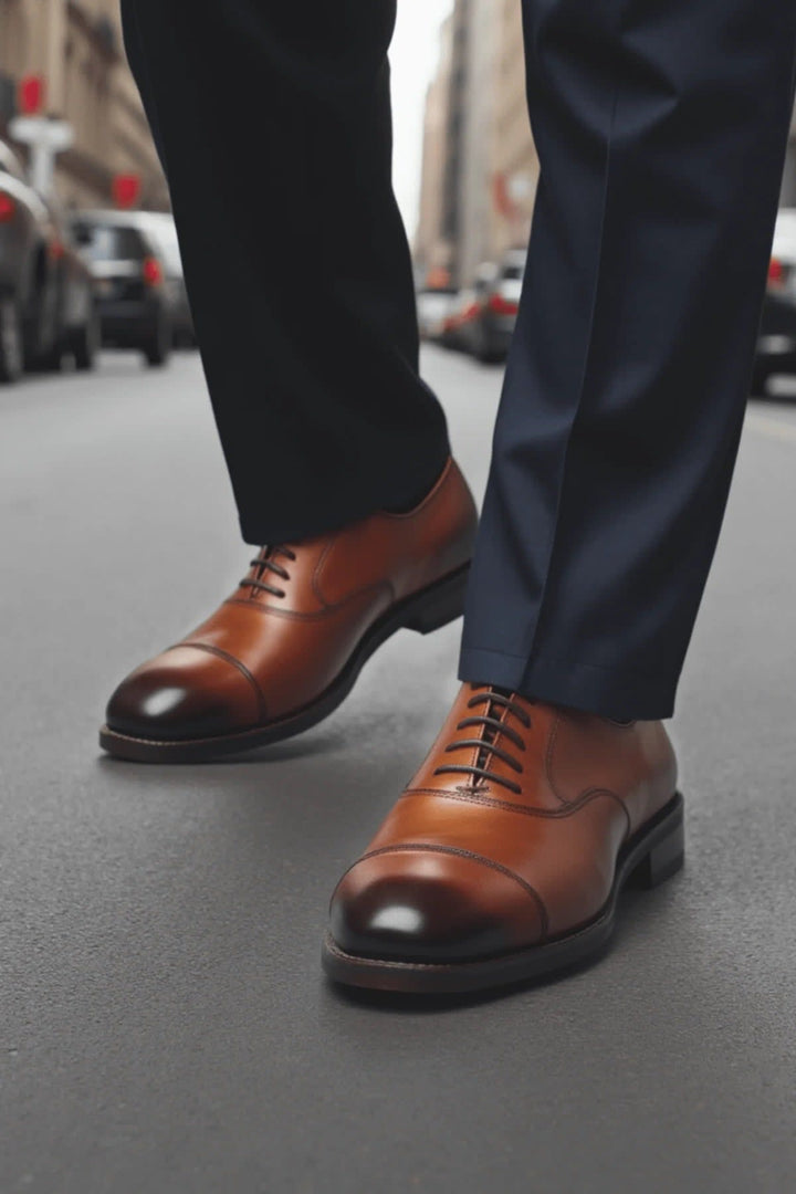 Vue de côté chaussure en cuir noir avec motif brogue Au noir pour homme - Valérie Simon
