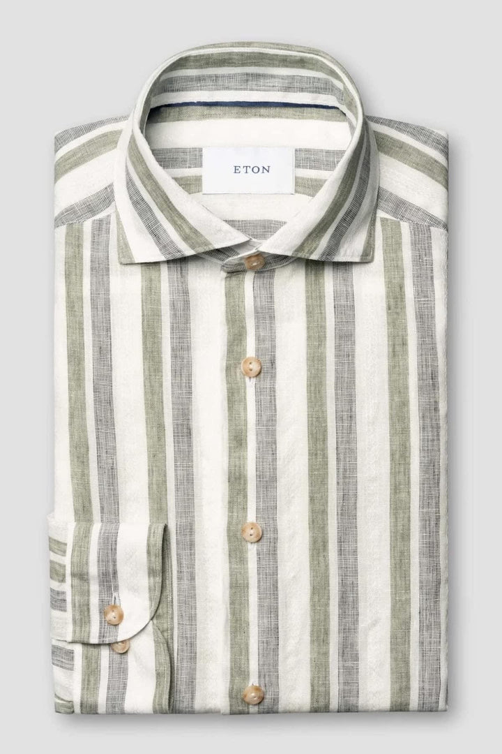 Front view of a blue-and-white striped Eton shirt for men - Valérie Simon