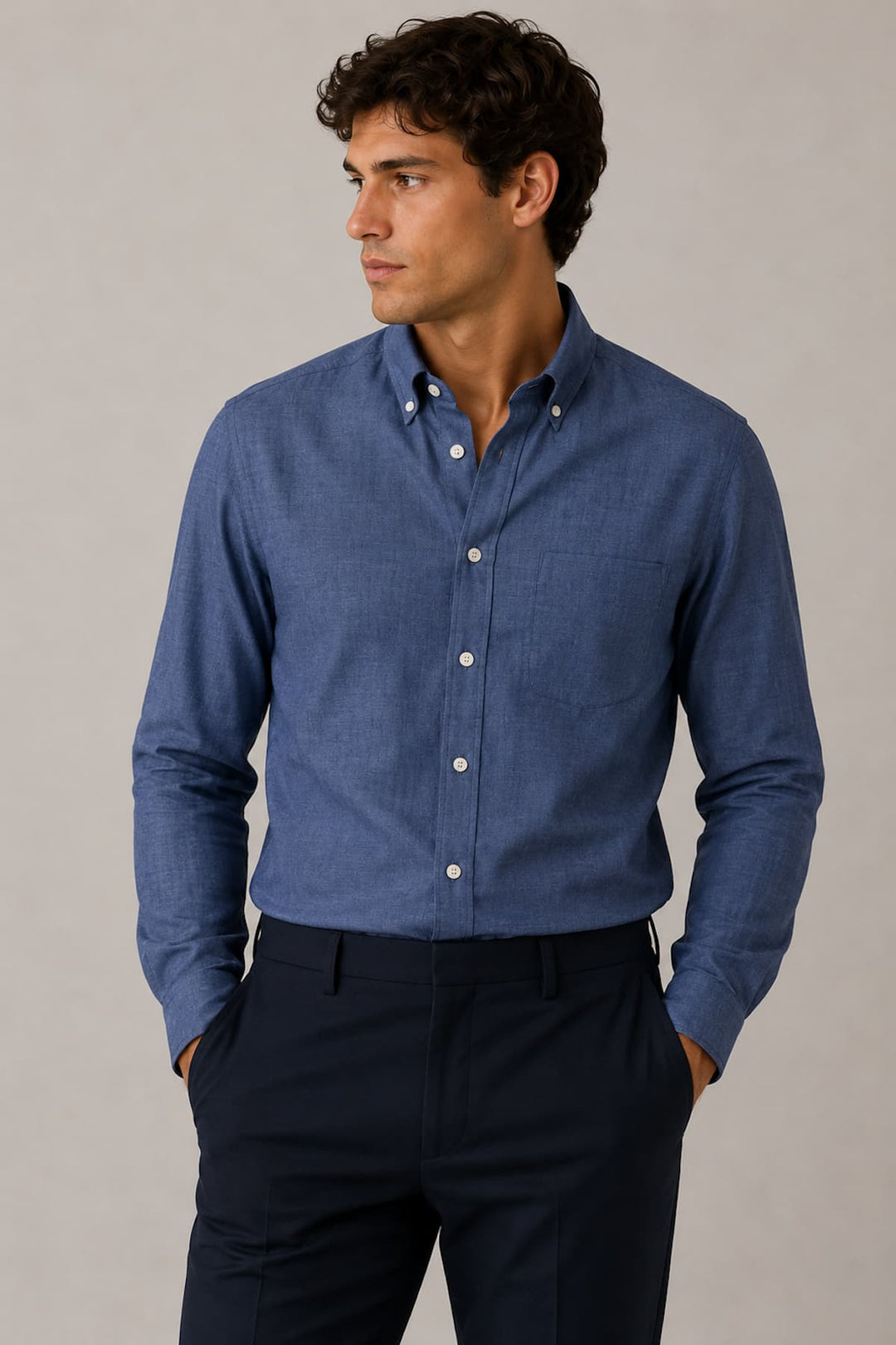 Vue de face chemise chambray Eton pour homme bleu avec poches poitrine - Valérie Simon