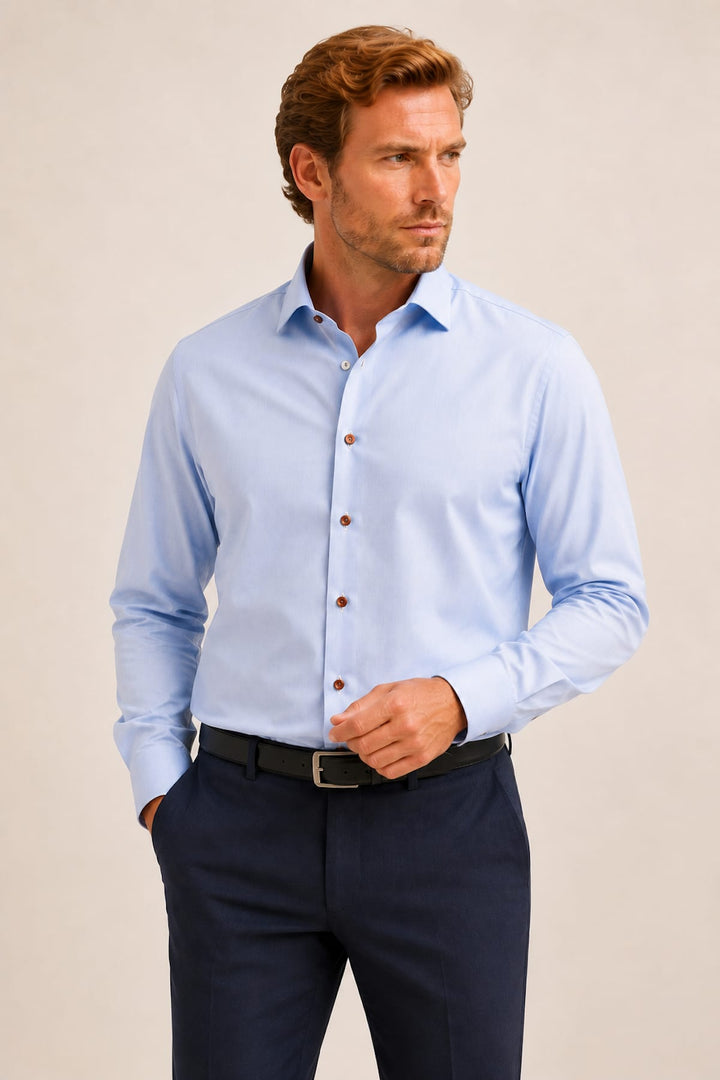 Vue de face chemise Eton bleu ciel homme détails paisley - Valérie Simon