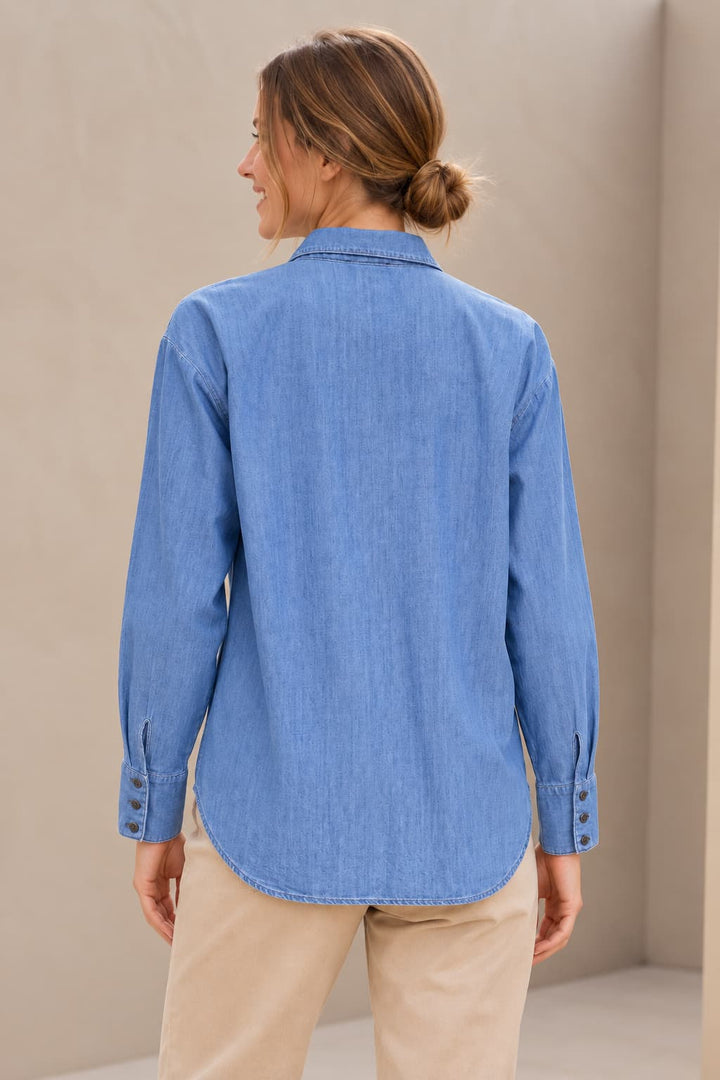 Blue denim shirt with patch pockets, front view, for women kennys