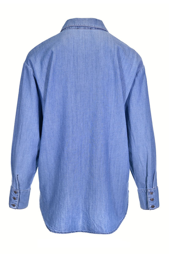 Blue denim shirt with patch pockets, front view, for women kennys
