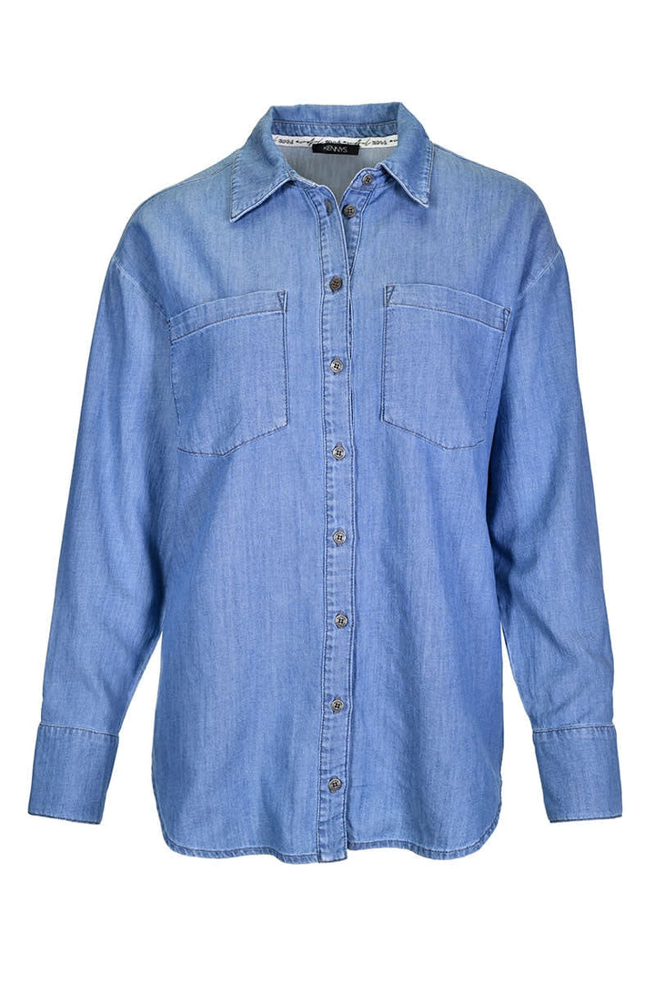 Blue denim shirt with patch pockets, front view, for women kennys