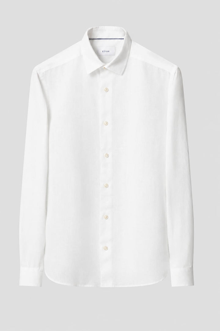 Vue de face chemise sport Eton pour homme en lin bleu manches longues - Valérie Simon