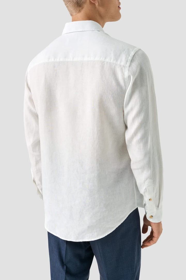 Vue de front chemise en lin manches longues Eton homme beige avec détails boutons et poches - Valérie Simon