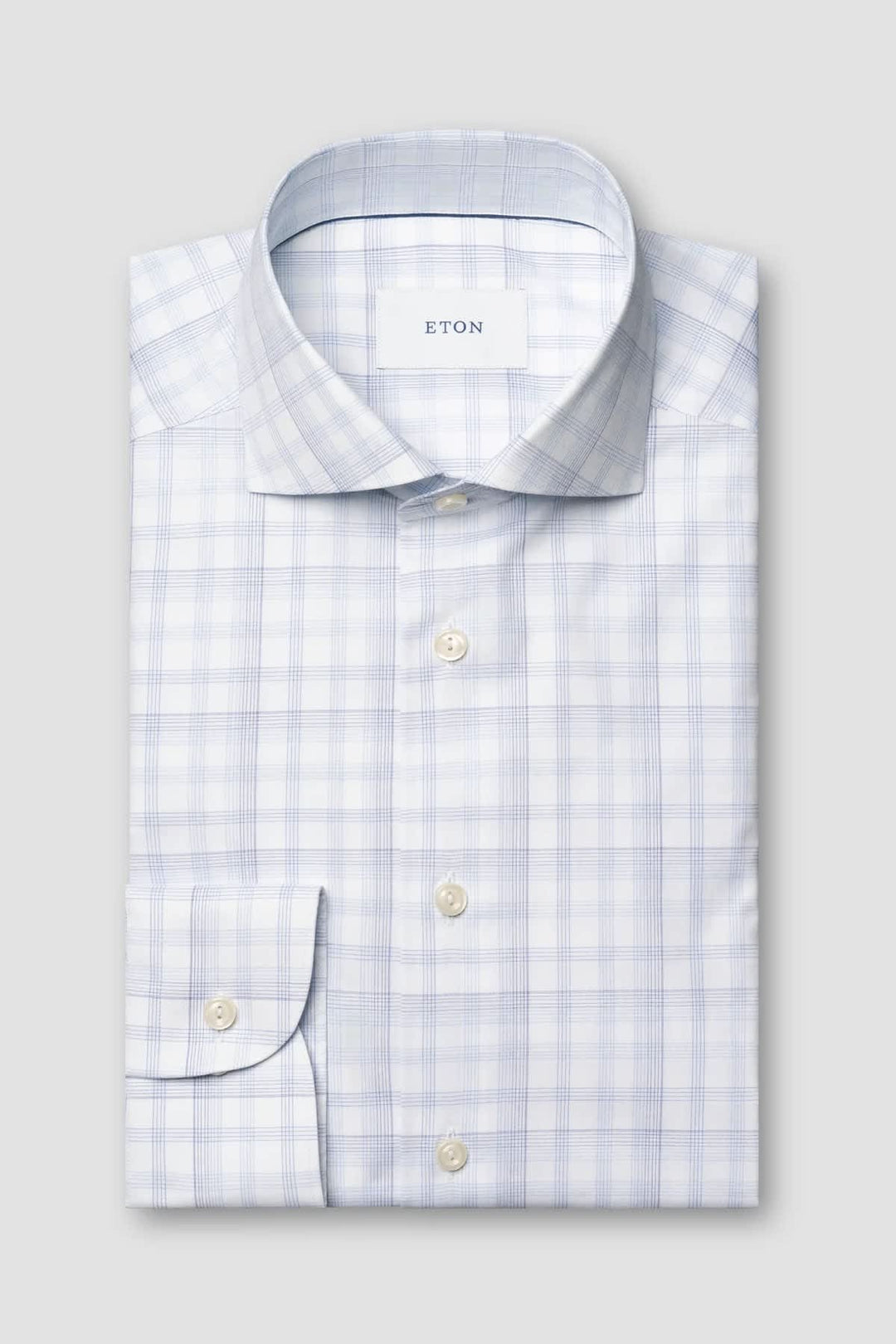 Vue de face chemise à carreaux Eton homme bleu-gris détails boutons nacrés - Valérie Simon