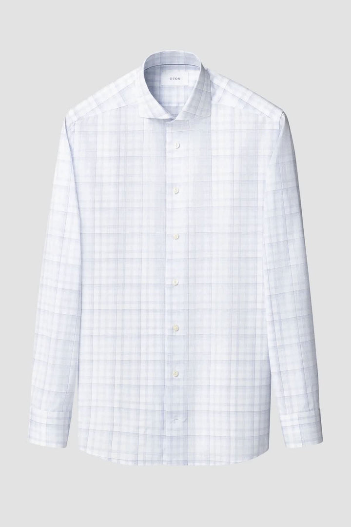 Vue de face chemise Eton à carreaux bleus pour homme avec col classique - Valérie Simon