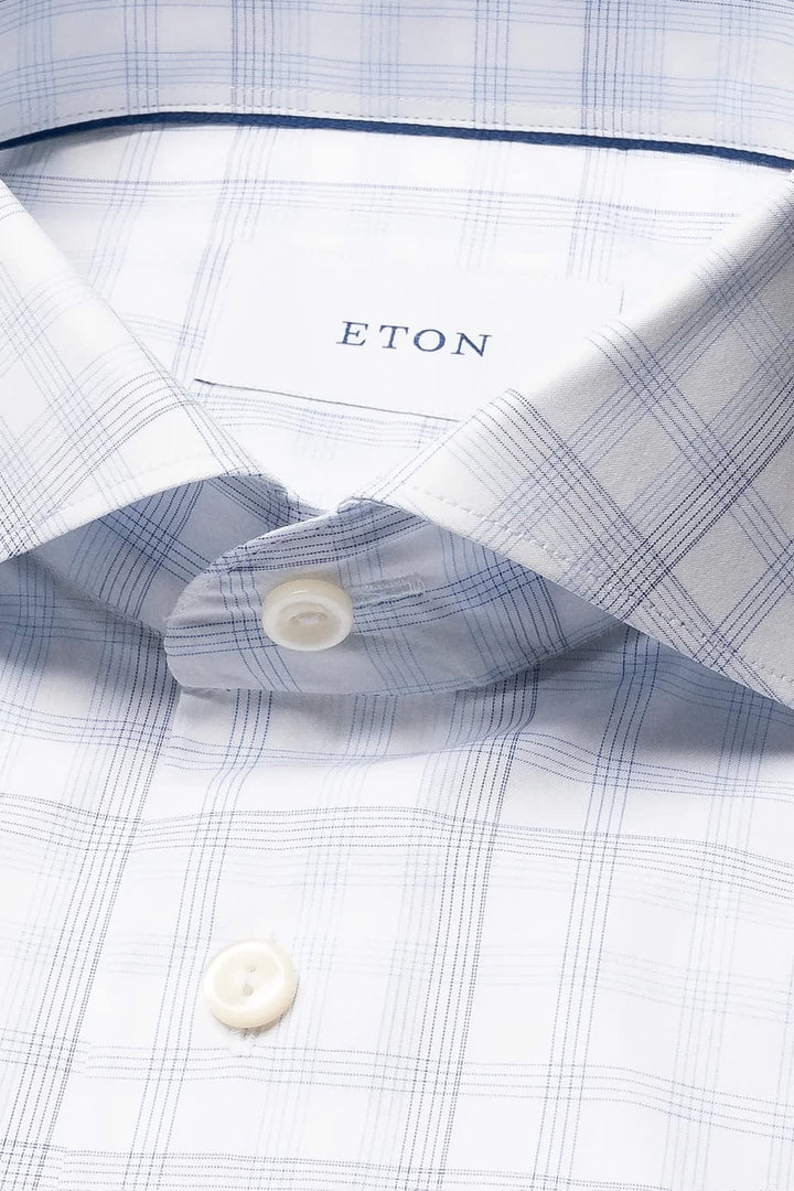Vue de face chemise habillée à carreaux Eton bleue pour homme - Valérie Simon