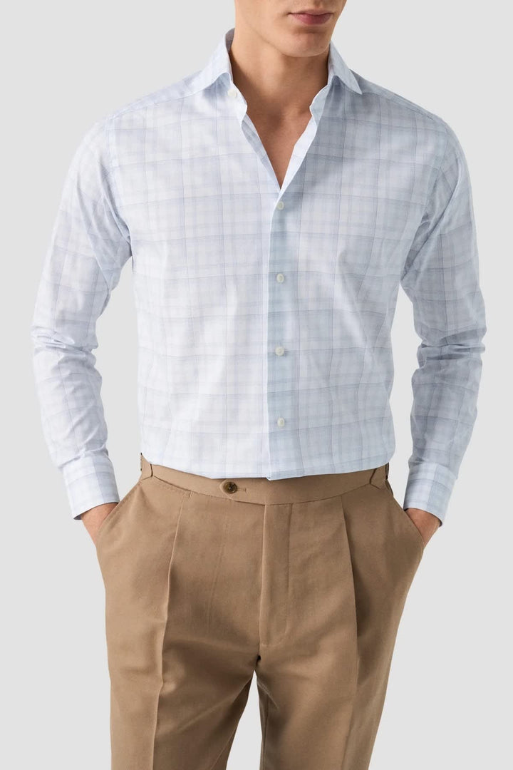 Vue de face chemise à carreaux Eton pour homme bleu gris détails boutons nacrés - Valérie Simon