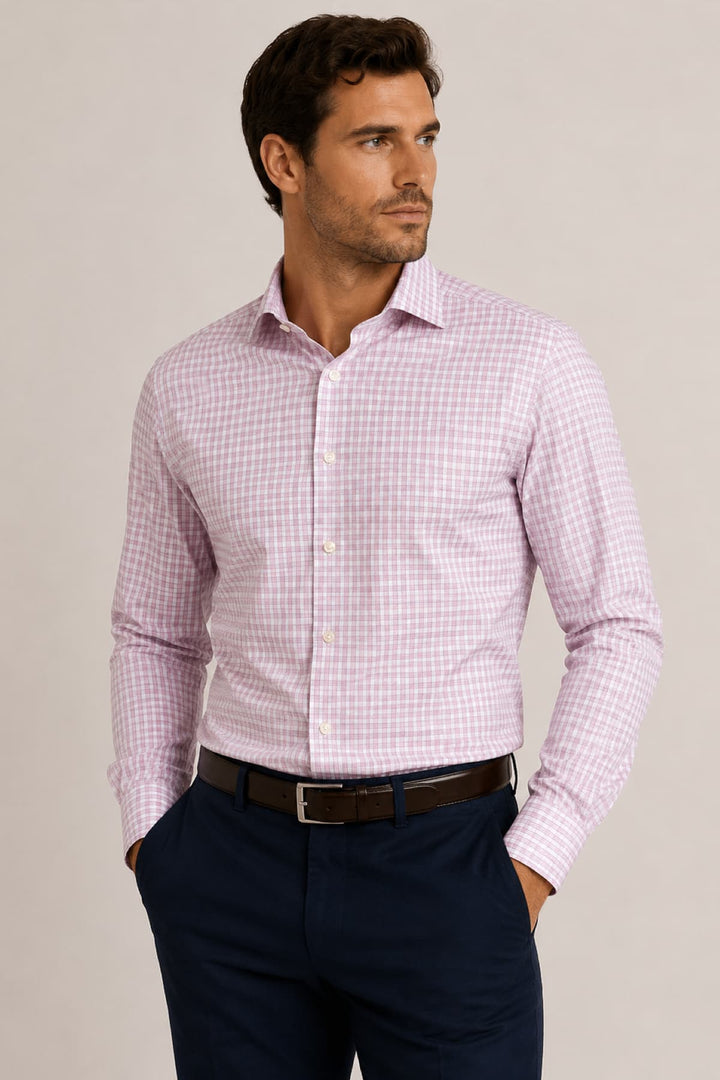 Front view of a red Eton gingham dress shirt for men with a classic collar - Valérie Simon