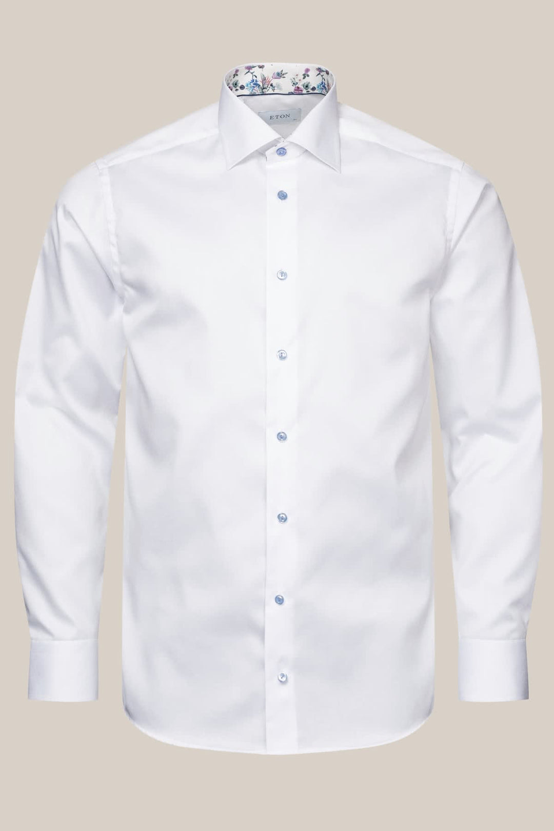 Front view of a white Eton shirt with contrasting flowers for men - Valérie Simon