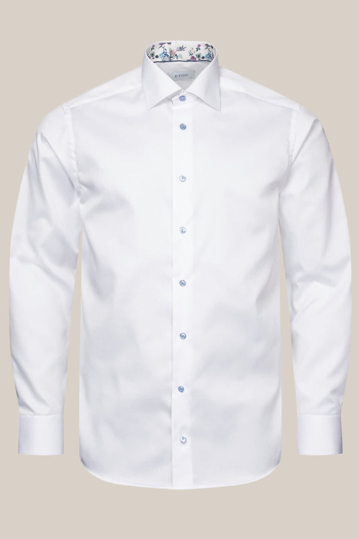 Front view of a white Eton shirt with contrasting flowers for men - Valérie Simon