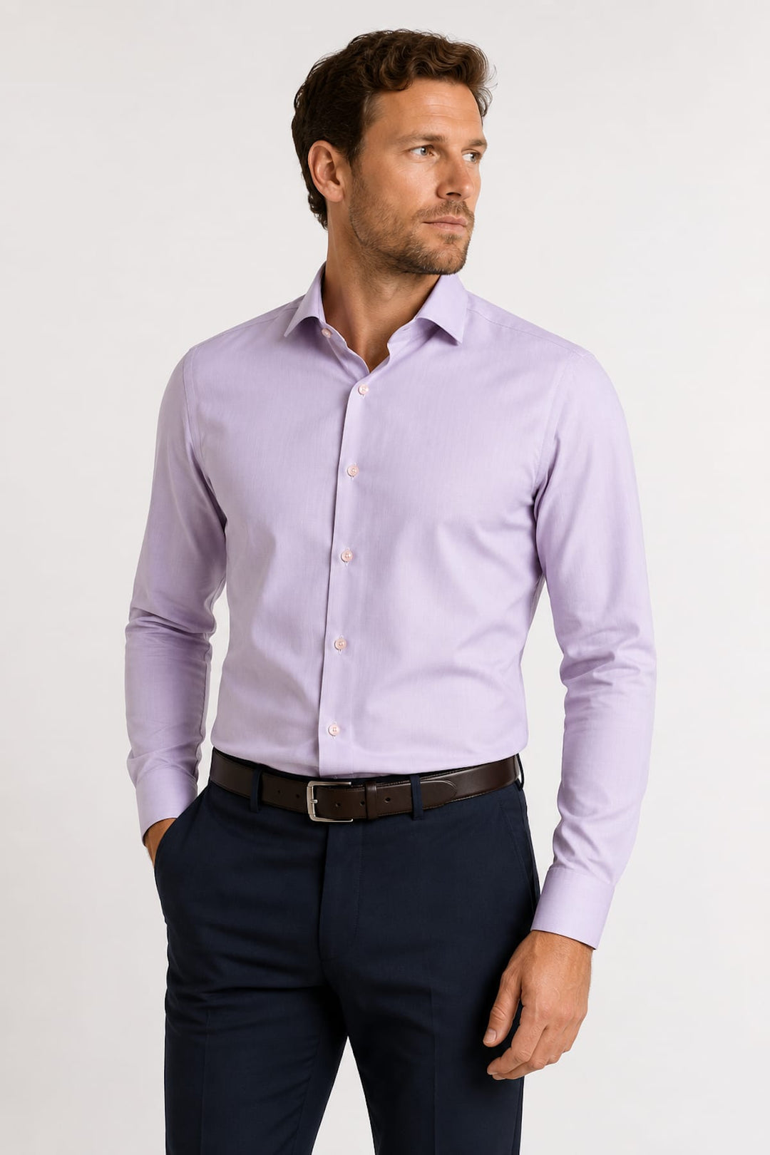 Vue de face chemise Eton pour homme blanche avec col italien - Valérie Simon