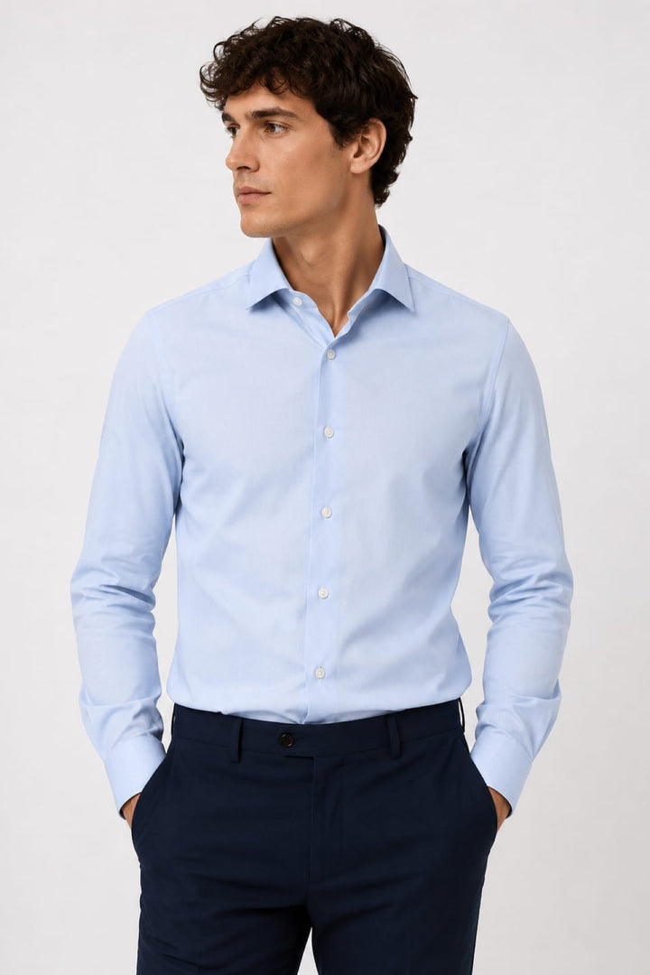 Front view of a white Eton dress shirt for men with a classic collar - Valérie Simon
