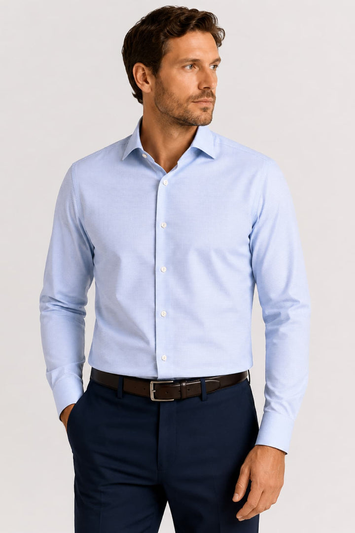 Vue de face chemise habillée microtexturée Eton bleu pour homme - Valérie Simon