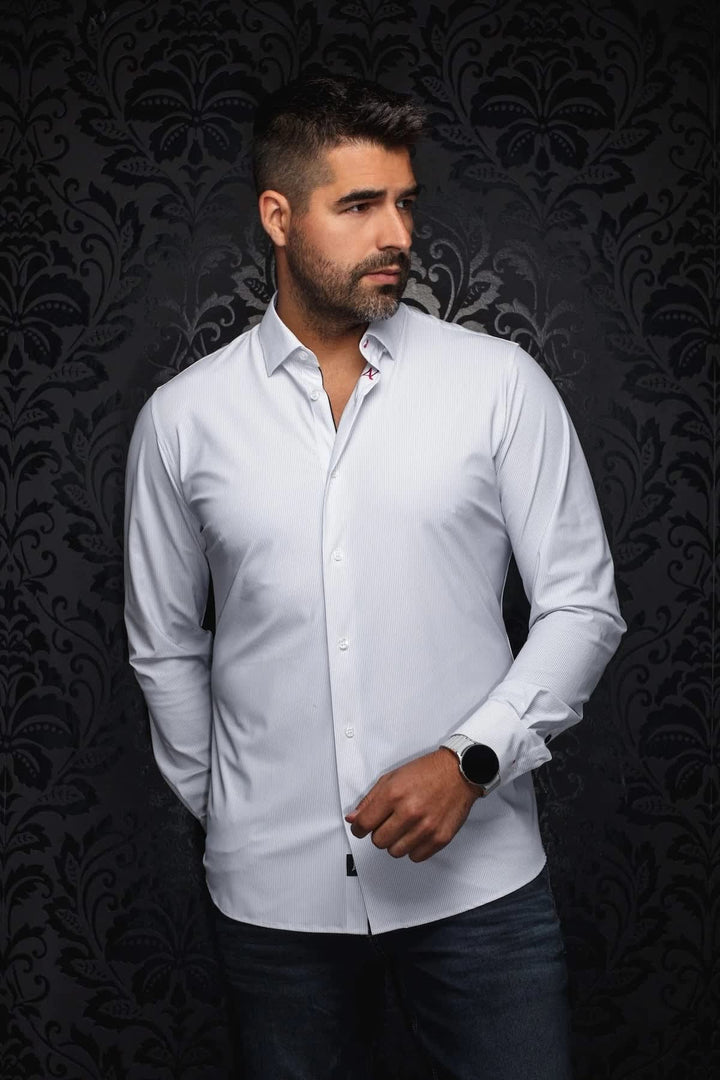 Vue de front chemise sport texturée Au noir pour homme grise, détails raffinés - Valérie Simon