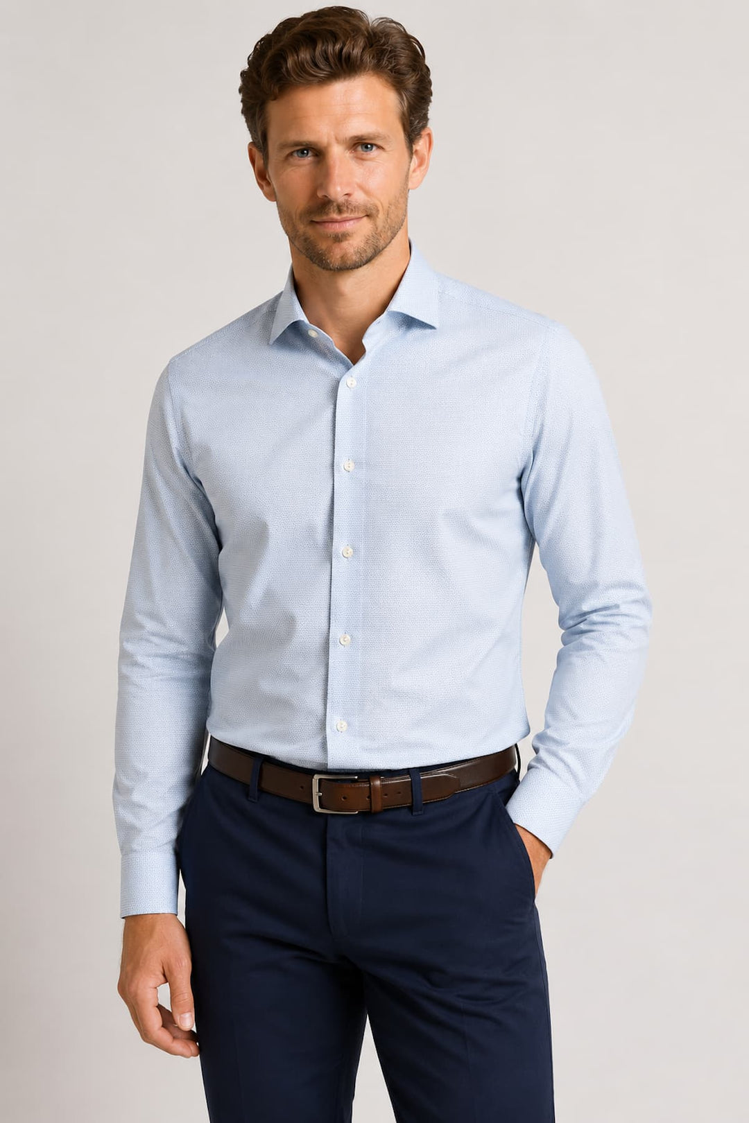 Vue frontale chemise habillée Eton pour homme texturée blanche détail col - Valérie Simon