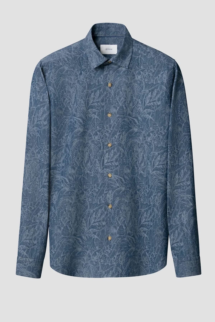 Vue de face chemise Eton imprimée florale multicolore avec col boutonné pour homme - Valérie Simon
