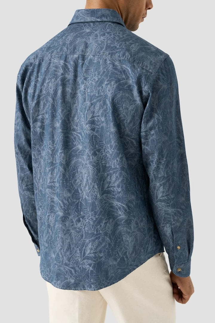 Vue de face chemise sport imprimé floral homme Eton bleu avec boutons blancs - Valérie Simon