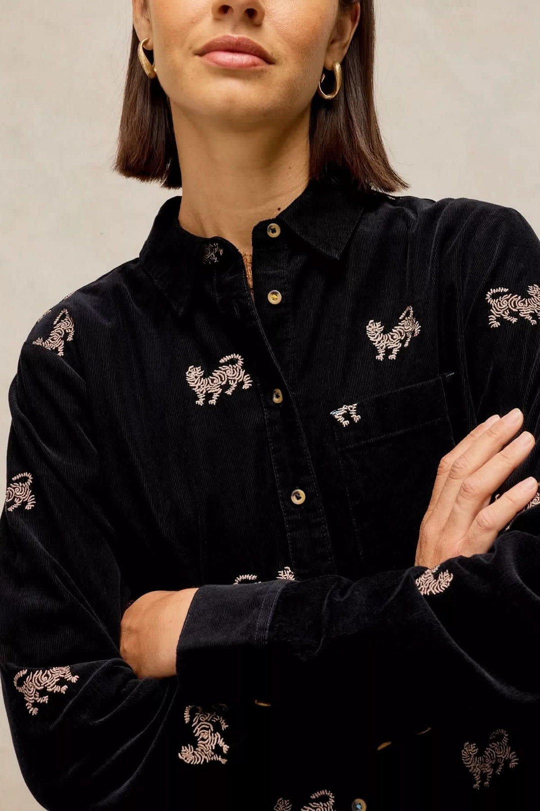 Libby corduroy shirt with embroidered patterns, front view, for women White Stuff