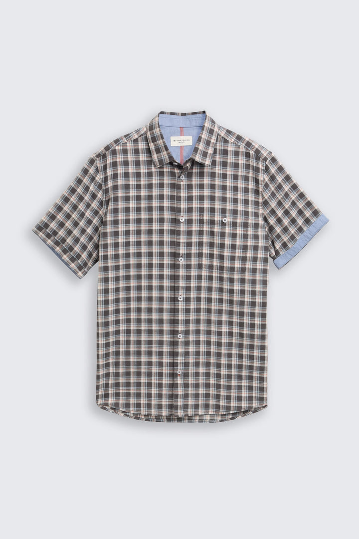 Front view of a blue checked short-sleeved Tom Tailor shirt for men - Valérie Simon