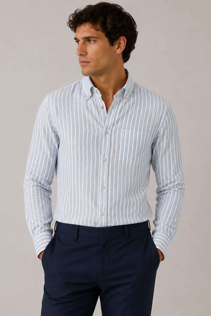 Vue de face chemise rayée manches longues Eton pour homme multicolore avec col classique - Valérie Simon