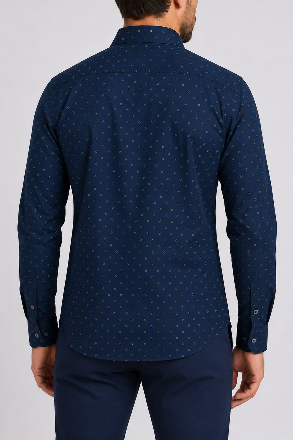 Front view of a men's black sport shirt with a micro geometric pattern Au noir and contrasting details - Valérie Simon