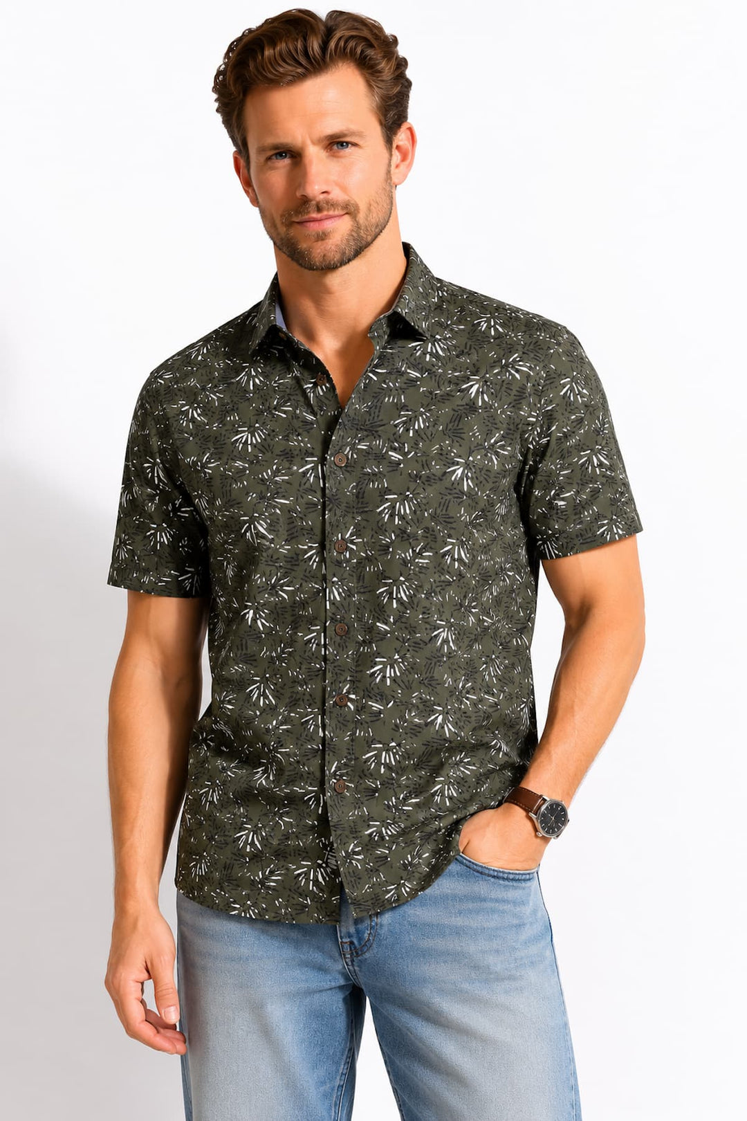 Vue de face chemise imprimé floral abstrait Tom Tailor homme bleu - Valérie Simon