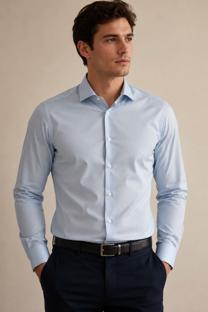 Vue latérale chemise à micro-motifs Hugo Boss homme bleu - Valérie Simon