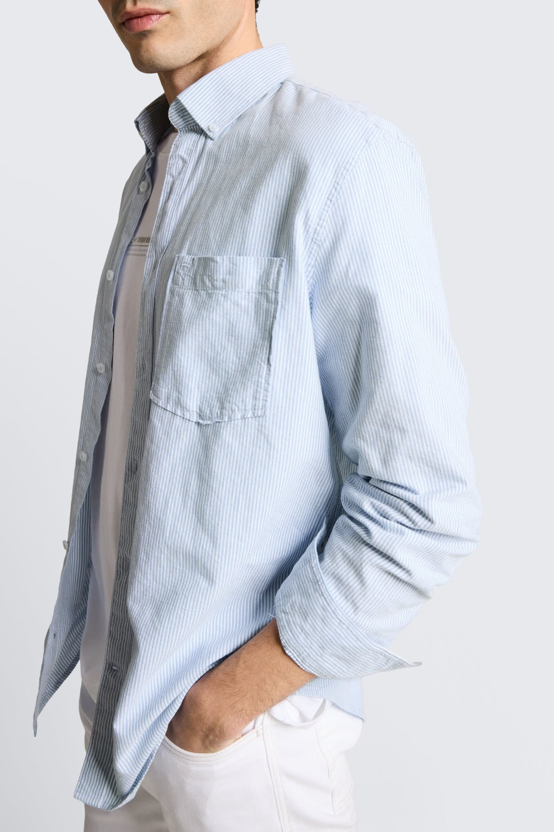 Front view of a sky-blue striped Tom Tailor men&
